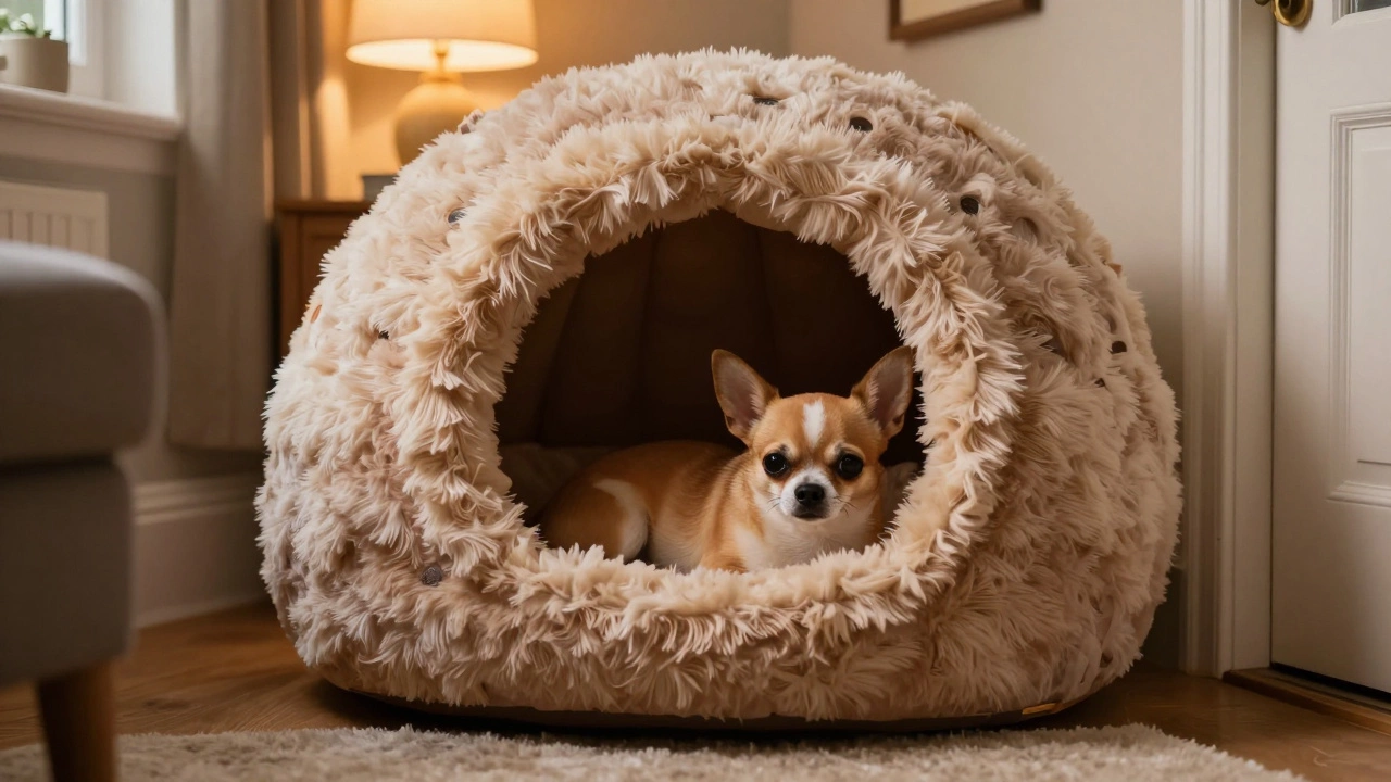 A small Chihuahua curled up securely inside a shaggy donut dog bed.