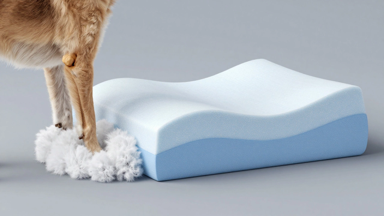 Comparison diagram showing how memory foam supports a dog's hip versus polyester fill
