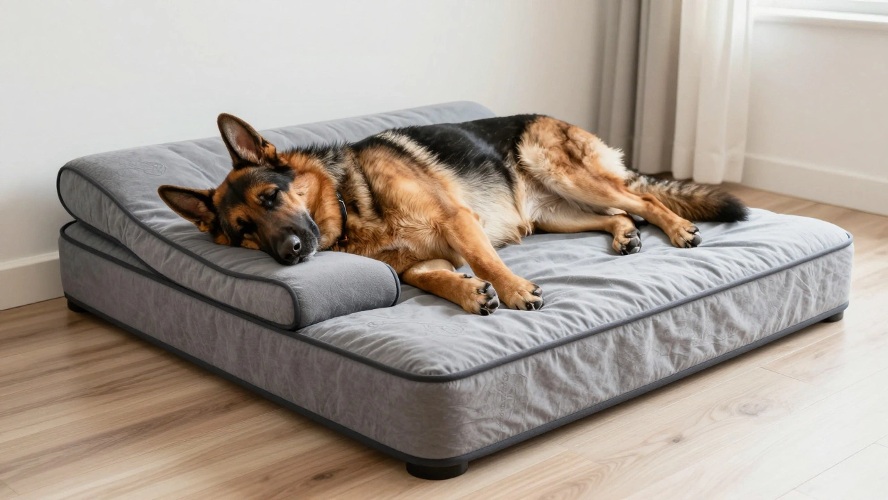 Large German Shepherd sleeping peacefully on a supportive orthopedic memory foam bed