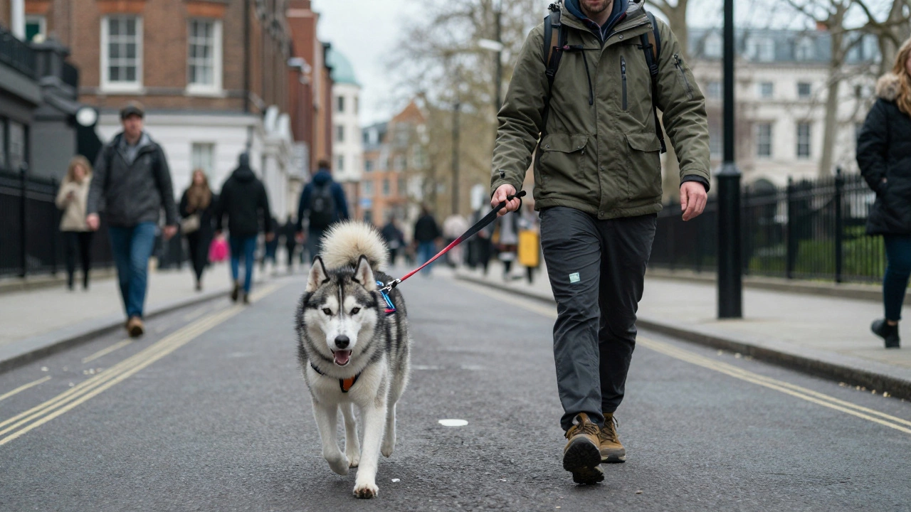 Professional dog walker managing a Husky on a busy London city street