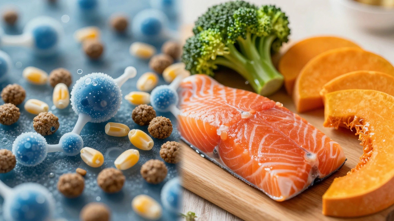 Split image comparing processed dog food ingredients with fresh whole foods like salmon and broccoli.