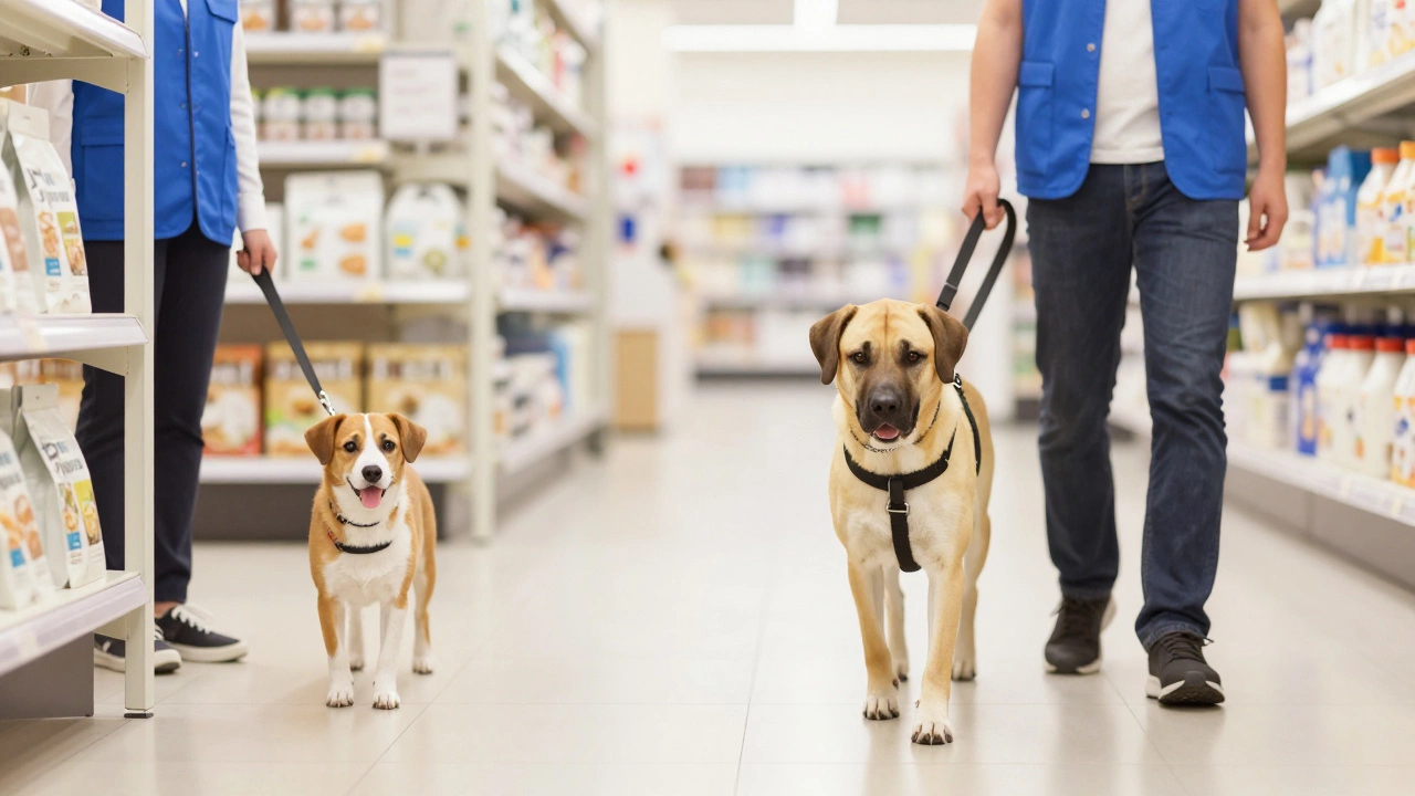Split image showing a pet dog and a trained service dog in a store setting.