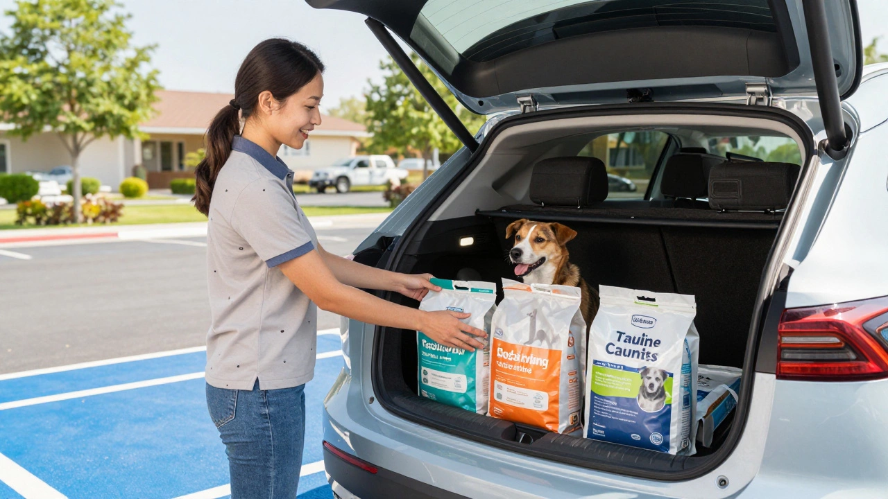 Store employee delivering pet supplies to a car with a dog inside.