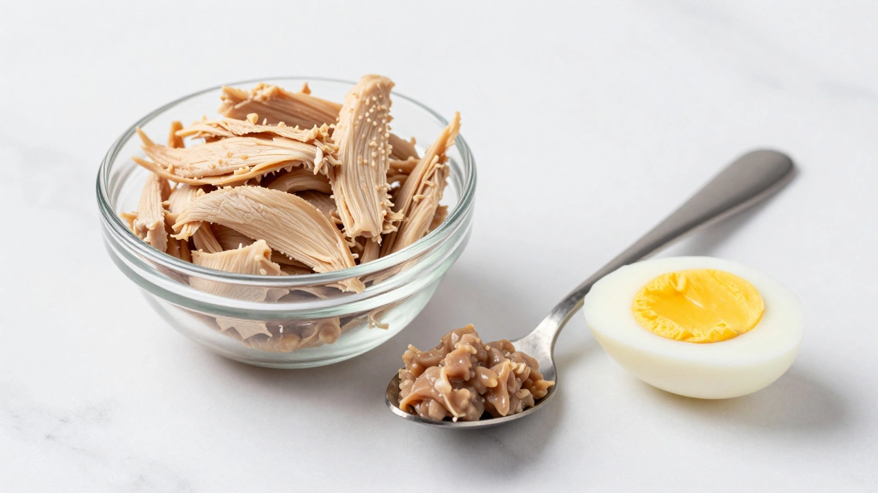 Bowl of plain cooked chicken, tuna, and egg on a clean white counter