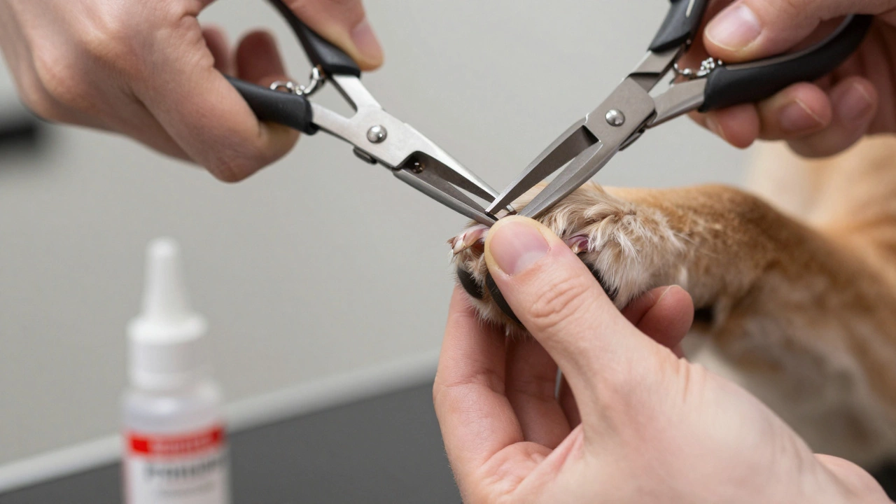 Close up of dog nail trimming with clippers