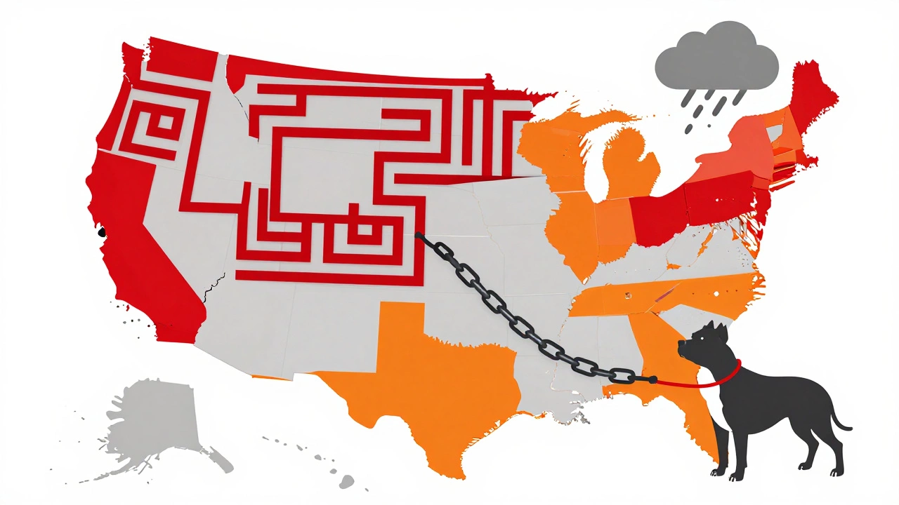 Conceptual US map showing symbolic barriers like red tape and chains for pet owners