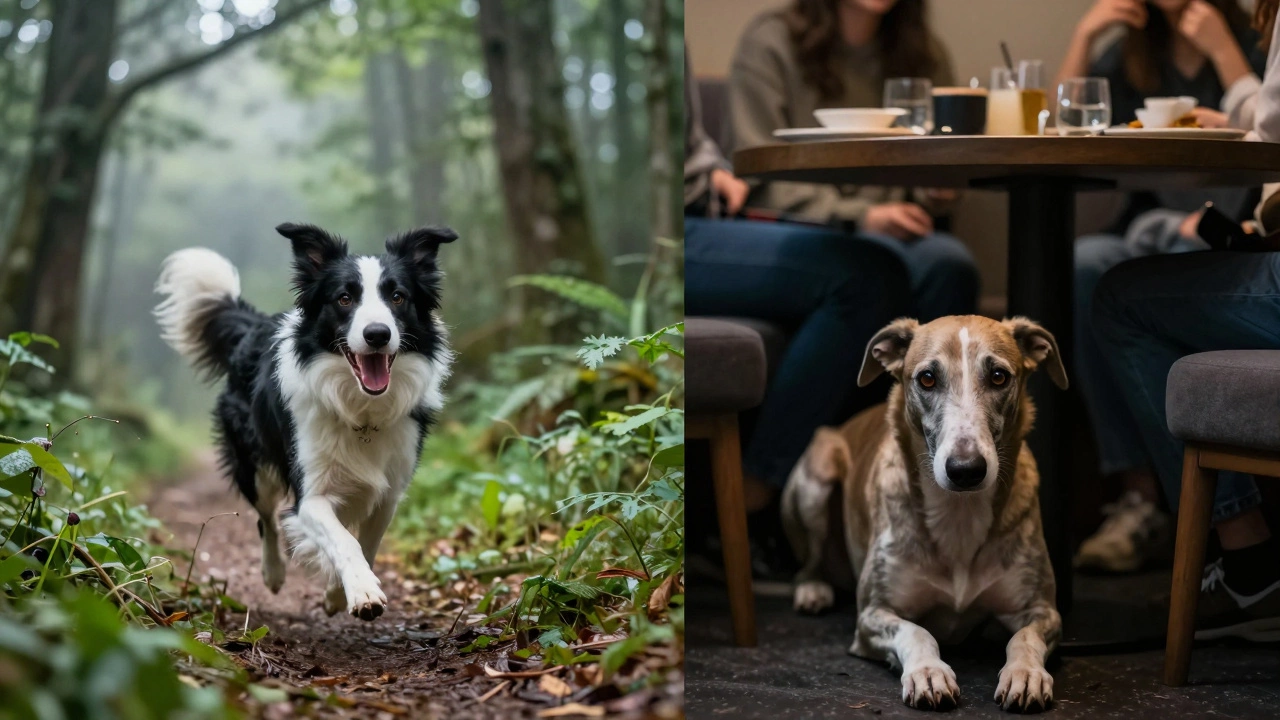 Contrast between a happy hiking dog and a stressed dog in a noisy hotel