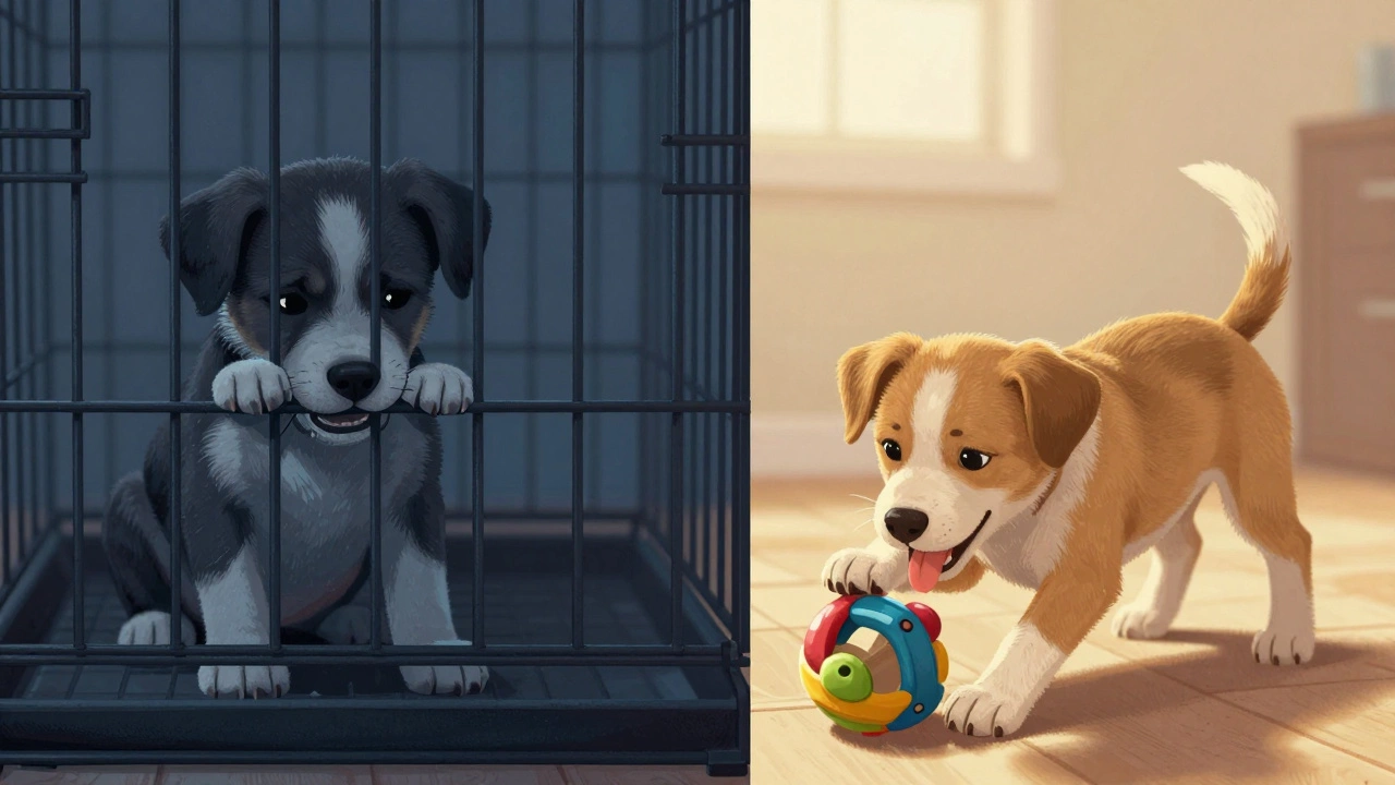 Contrast between stressed puppy chewing bars and happy playing dog
