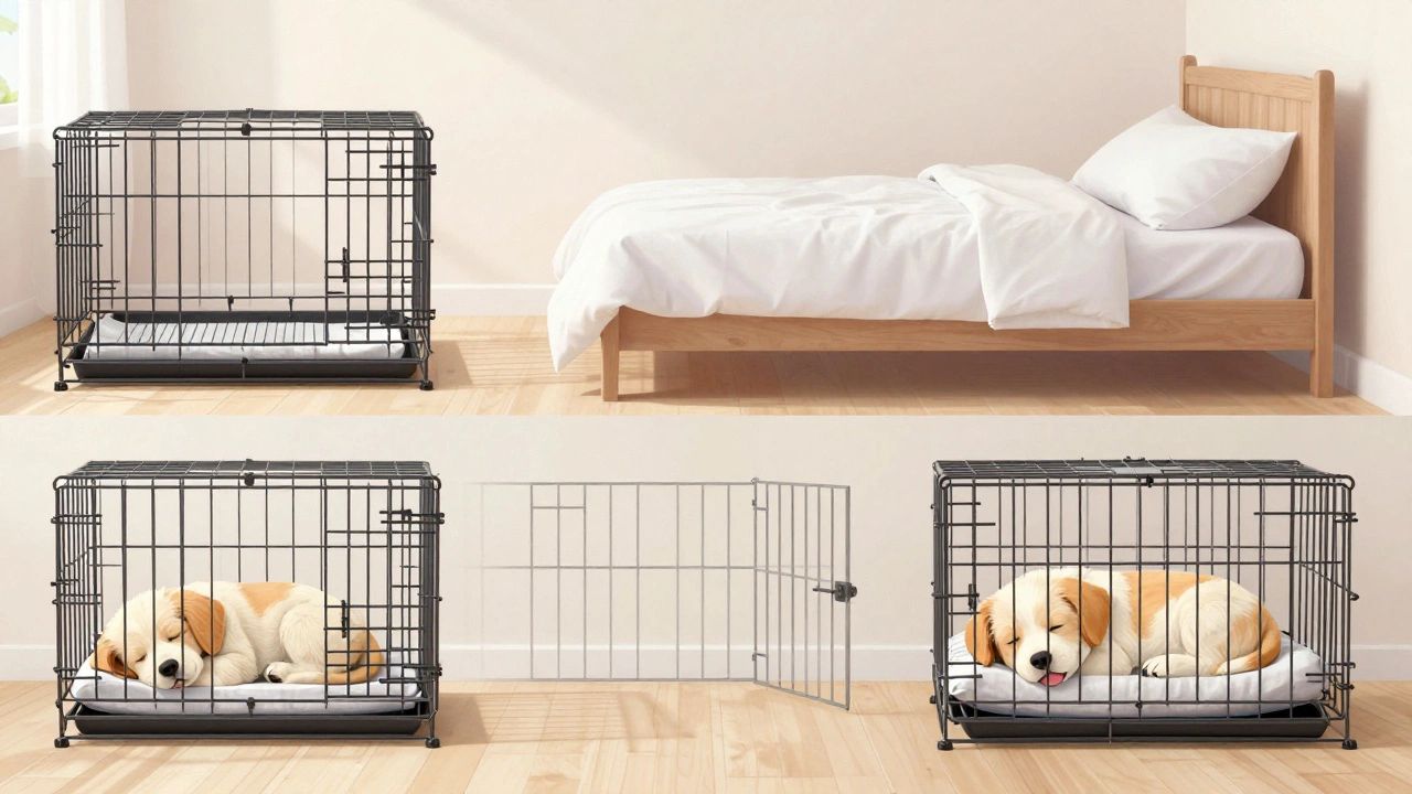 Diagram showing puppy moving crate further from bed