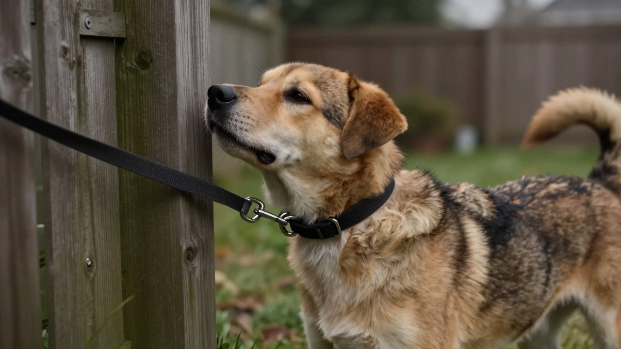 Dog collar snagged on fence post causing tension