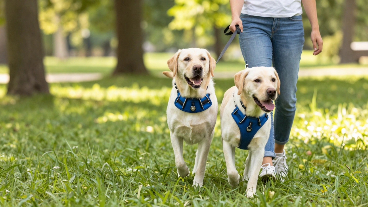 Dog wearing safe front-clip harness on walk