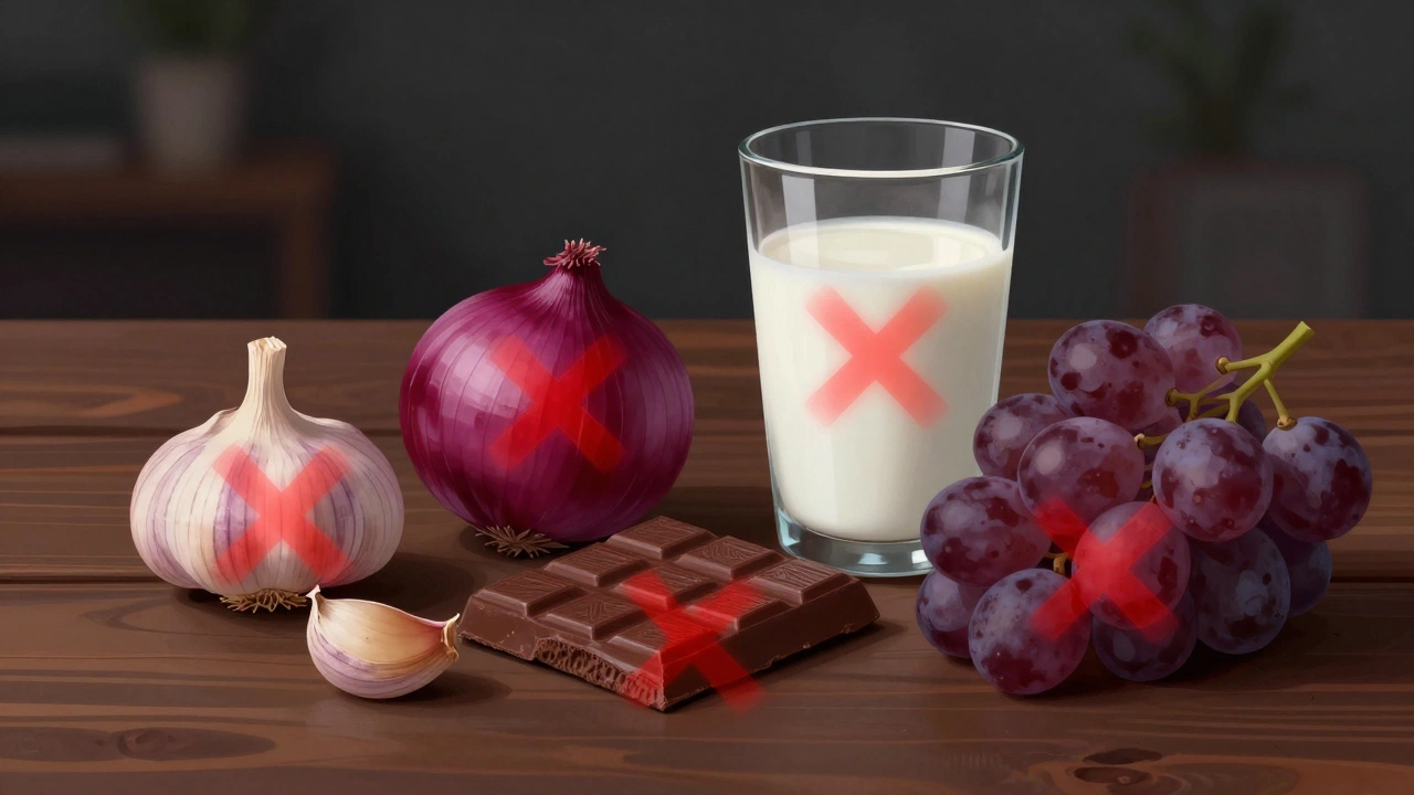 Garlic, onions, chocolate, milk, and grapes marked as dangerous for cats