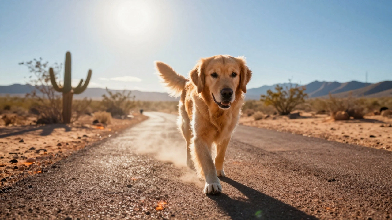 Golden retriever walking on scorching hot asphalt in an Arizona desert landscape