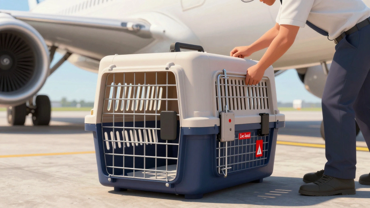 Ground crew inspecting dog crate at plane cargo hold