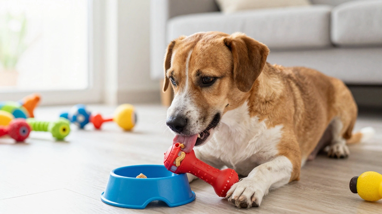 Happy dog licking peanut butter from a Kong toy