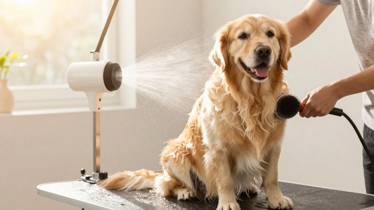 Happy golden retriever being dried after bath