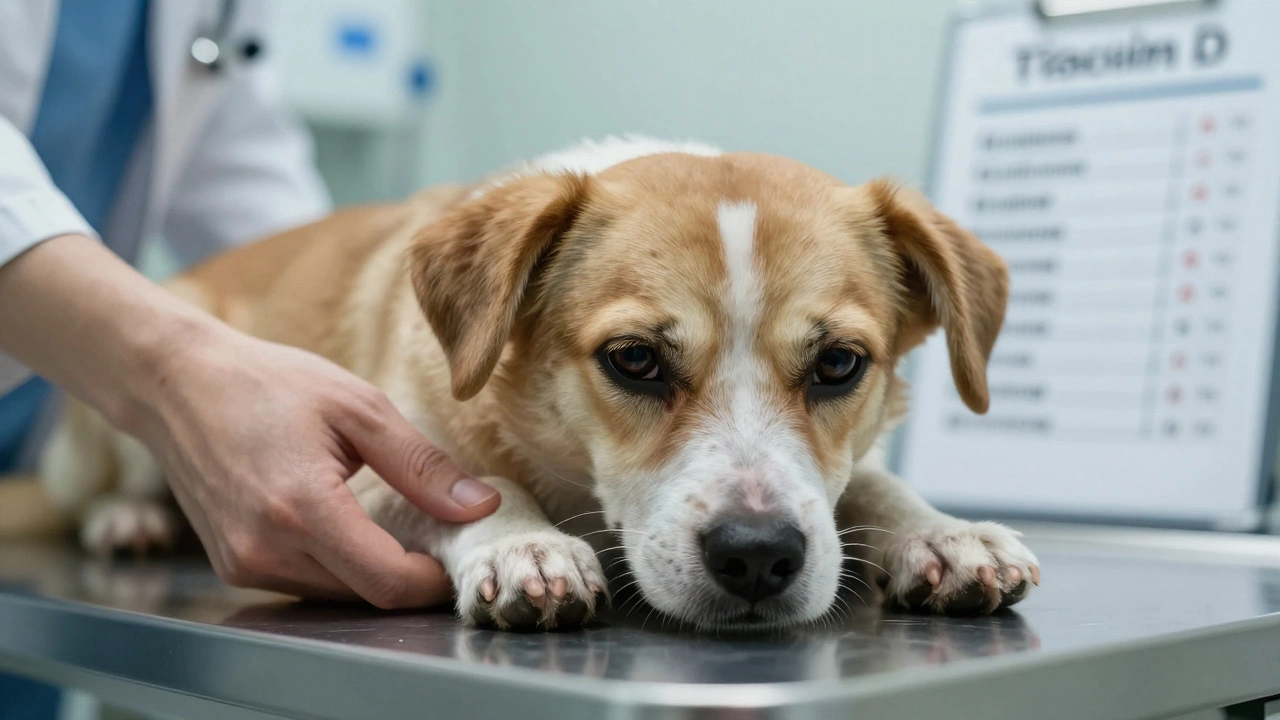 Lethargic dog on vet table showing signs of vitamin toxicity