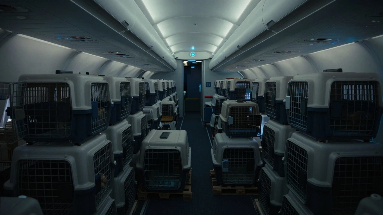 Pet kennels secured in dimly lit airplane cargo hold