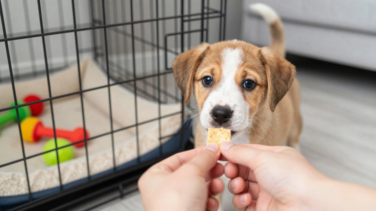Puppy looking into a crate as a hand offers a treat for positive training