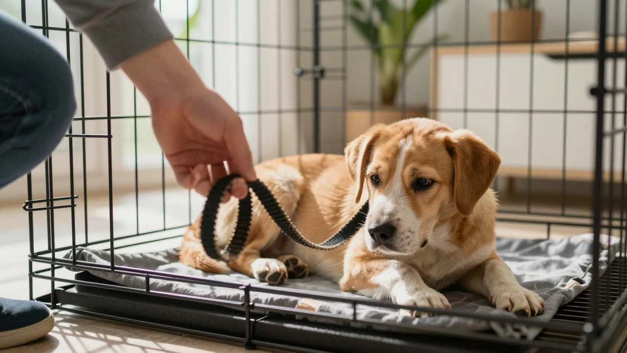 Puppy resting in crate while owner prepares for midday walk