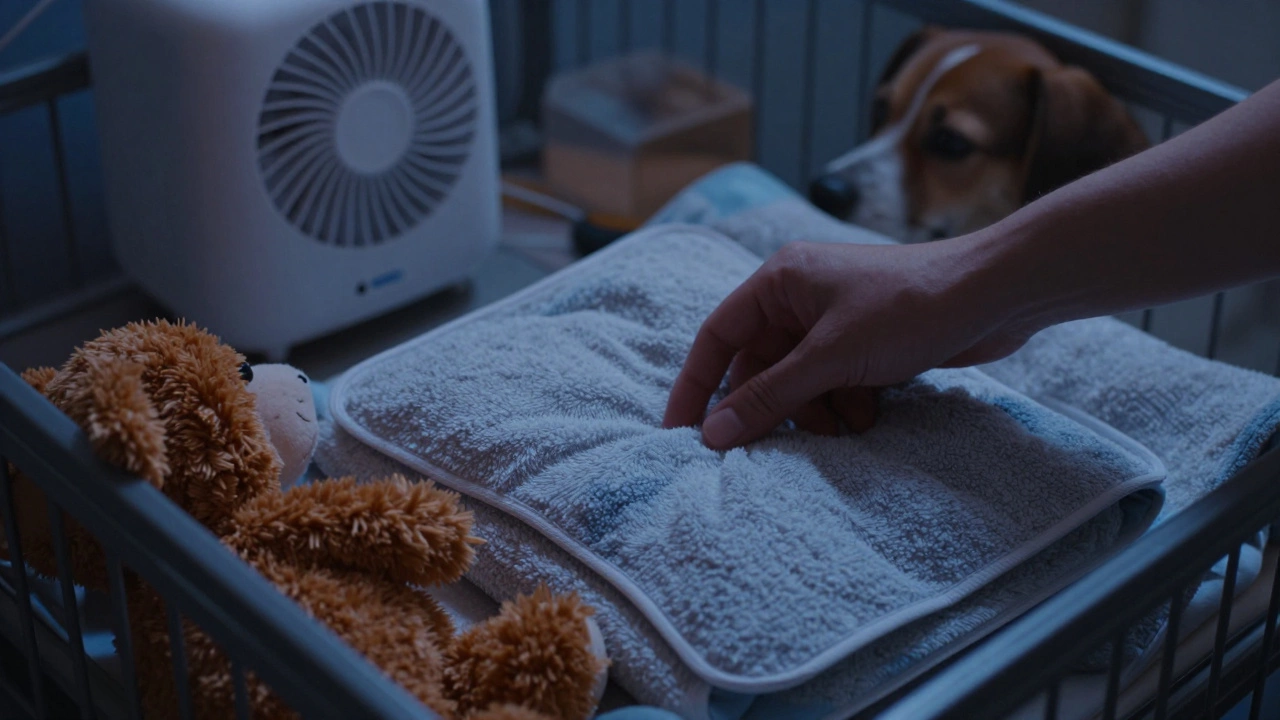 Setting up puppy crate with heat pad and comfort items