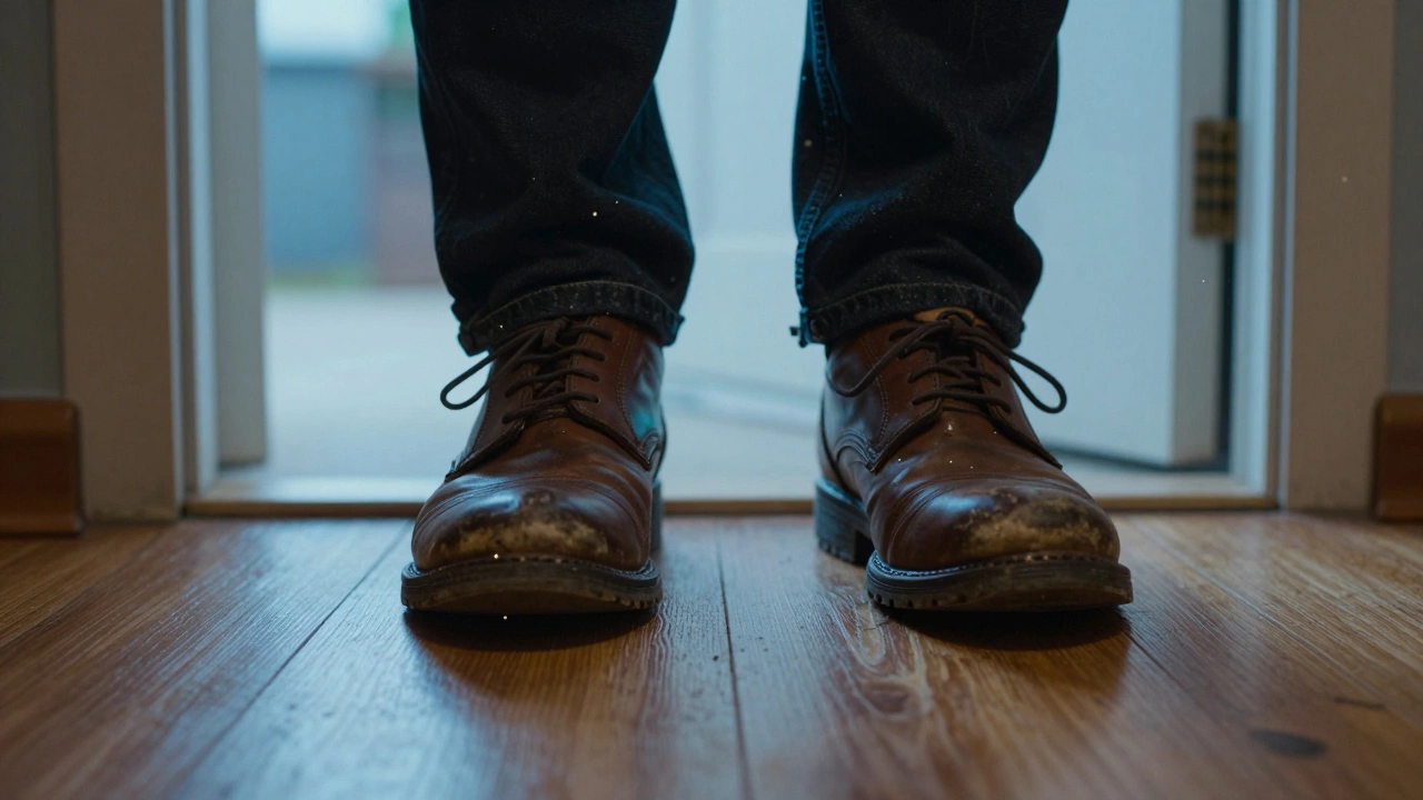 Shoes at a doorway with glowing particles representing tracked viruses