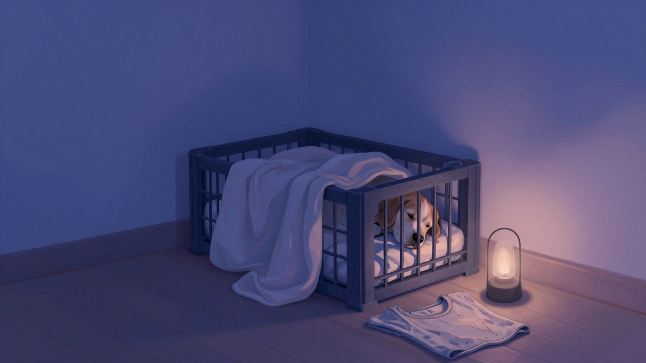 Sleeping puppy in a crate in a quiet bedroom with a comforting blanket