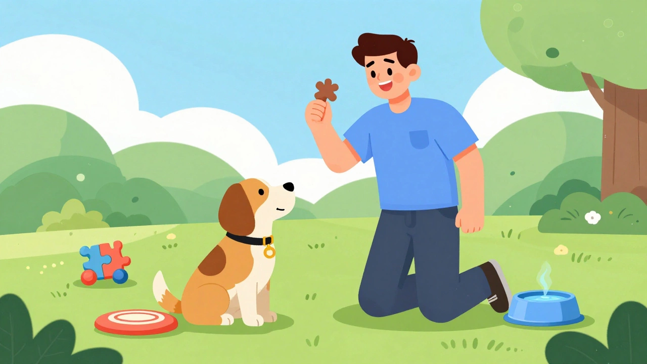 Trainer rewarding calm dog with treat in park