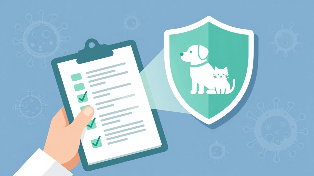Veterinarian holding a checklist with a shield protecting pets from illness