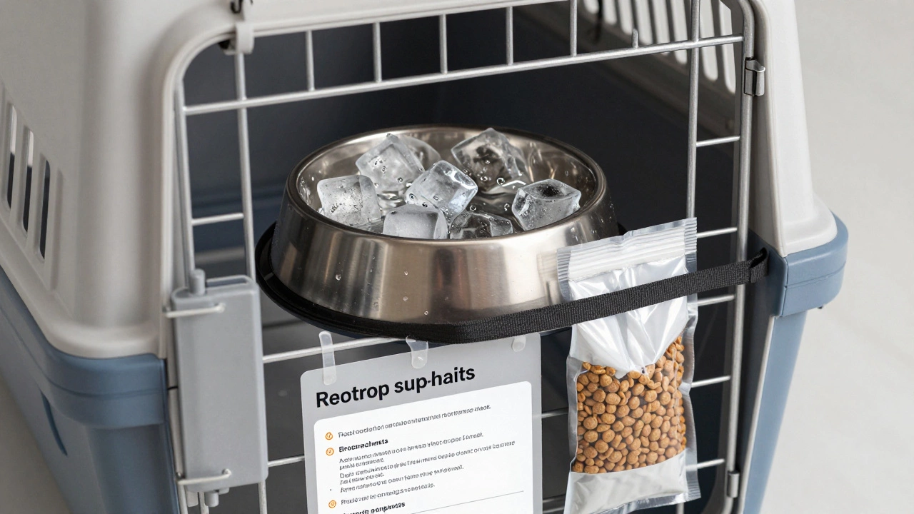 Water bowl and dry food kit attached to pet travel kennel