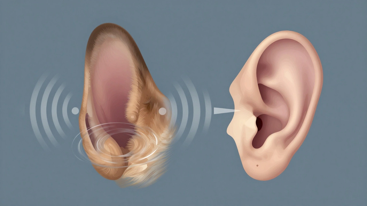 Artistic cross-section showing dog ear anatomy and sound wave reception