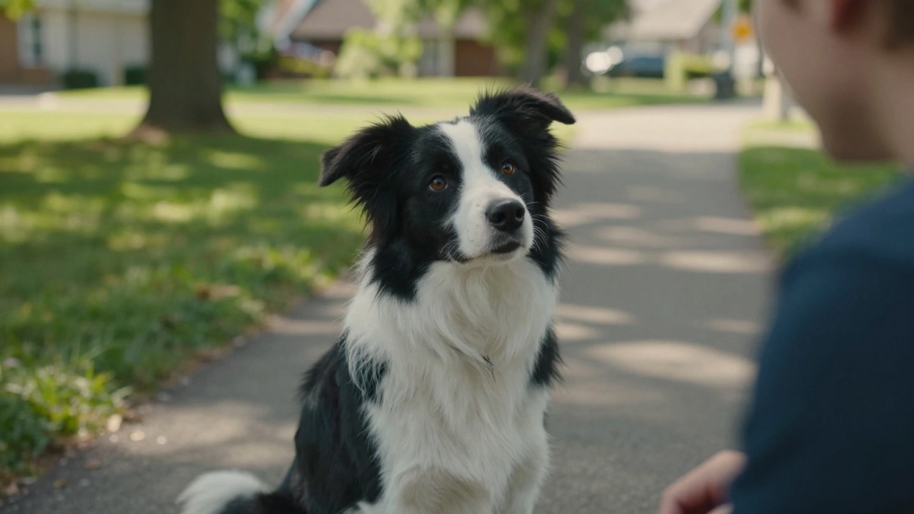 Border Collie sitting on grass with head tilted, listening attentively