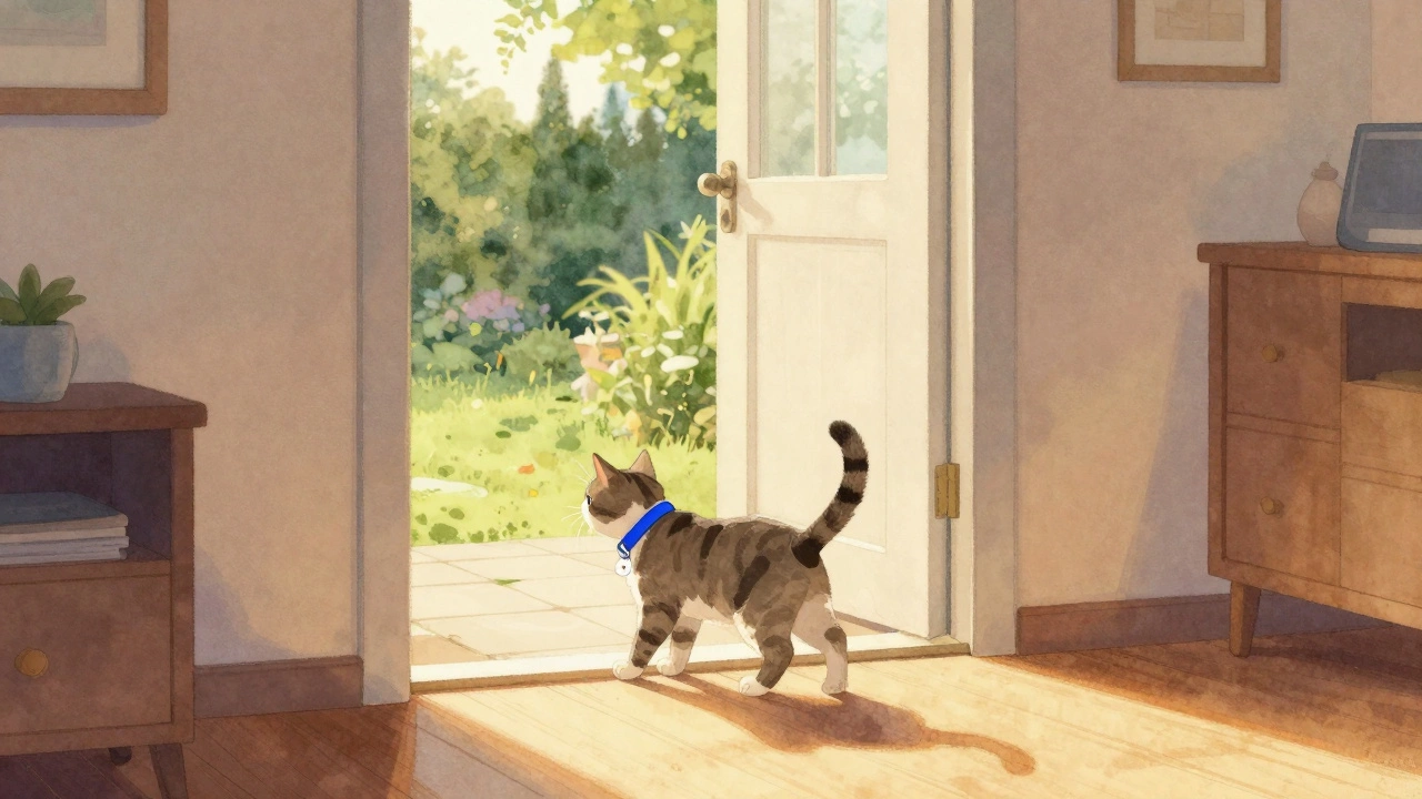 Cat with blue breakaway collar near an open door in a sunlit hallway