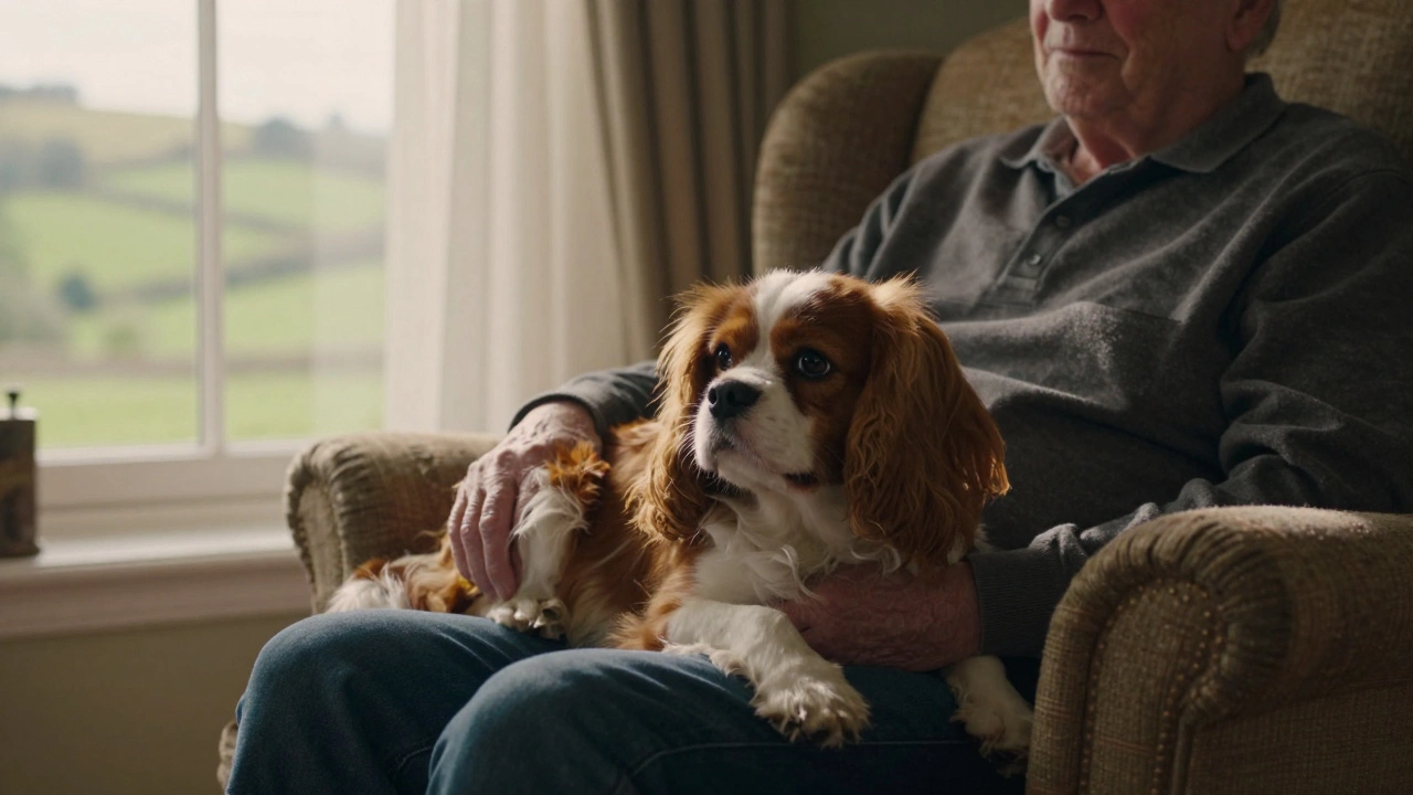 Cavalier King Charles Spaniel resting gently on an owner's lap by a window