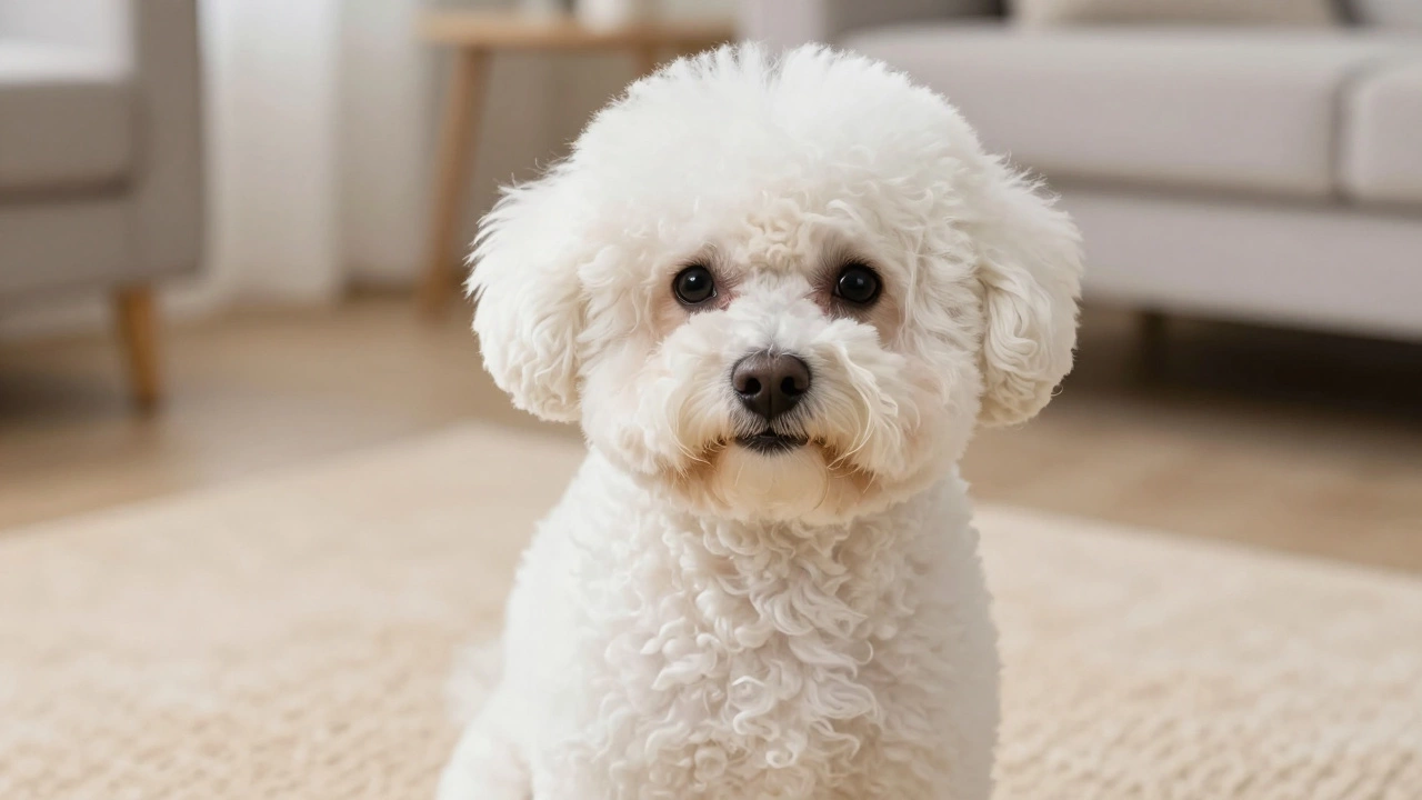 Close-up of a fluffy white Bichon Frise sitting on a beige rug indoors
