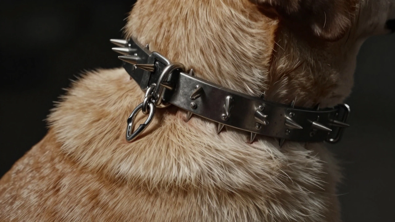 Close-up of prong collar spikes pressing into dog's neck