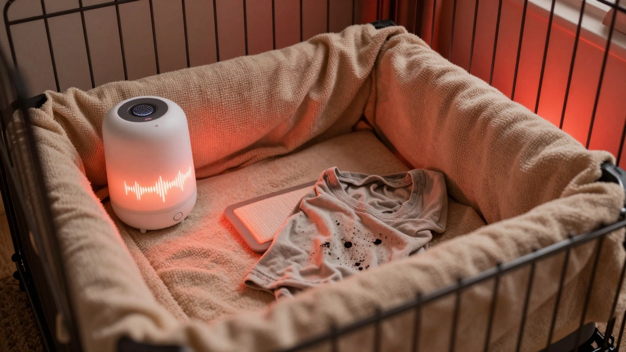 Cozy puppy crate setup with blanket cover and comfort items