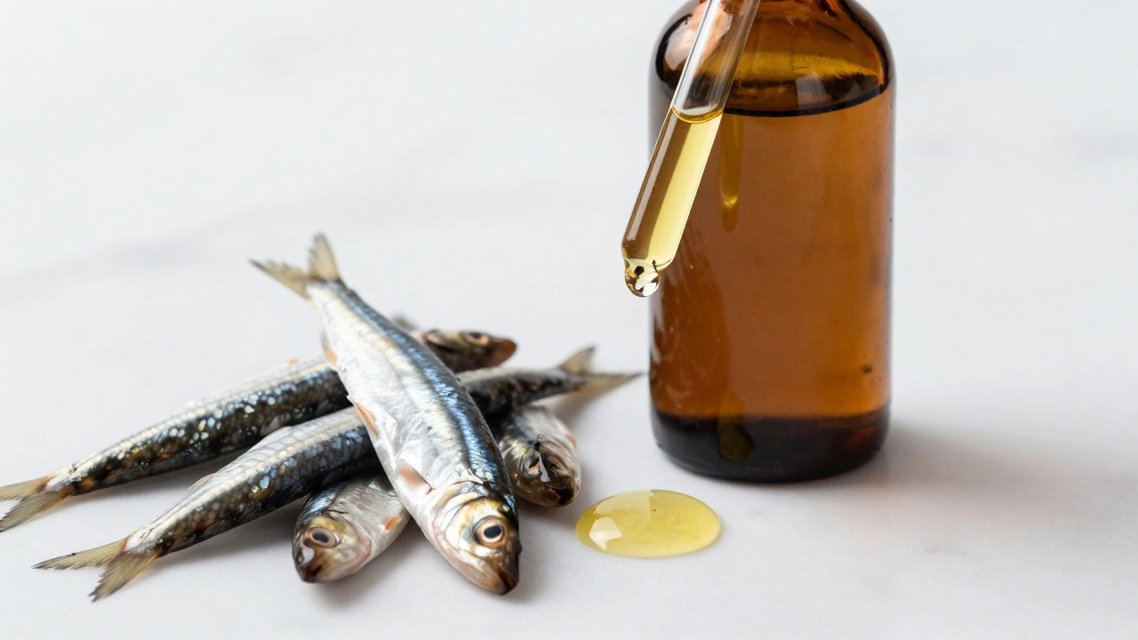 Dark glass fish oil bottle with fresh sardines and oil drop