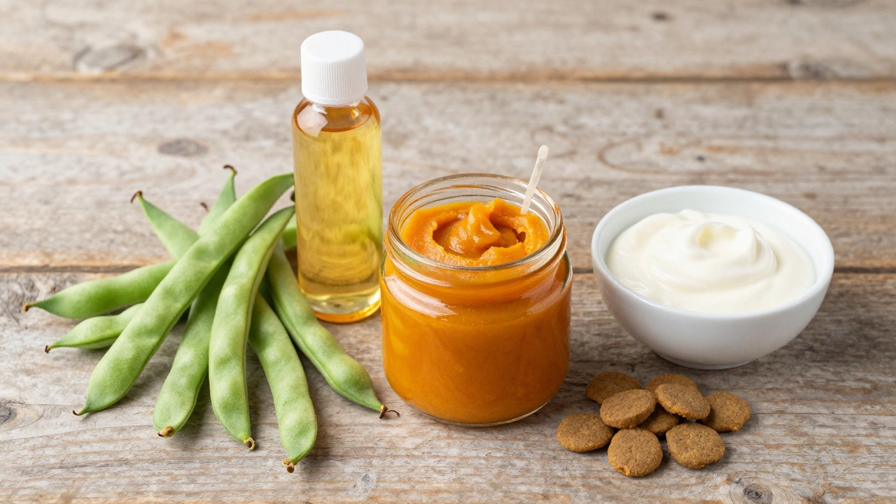 Fresh dog food toppers including pumpkin, fish oil, and green beans