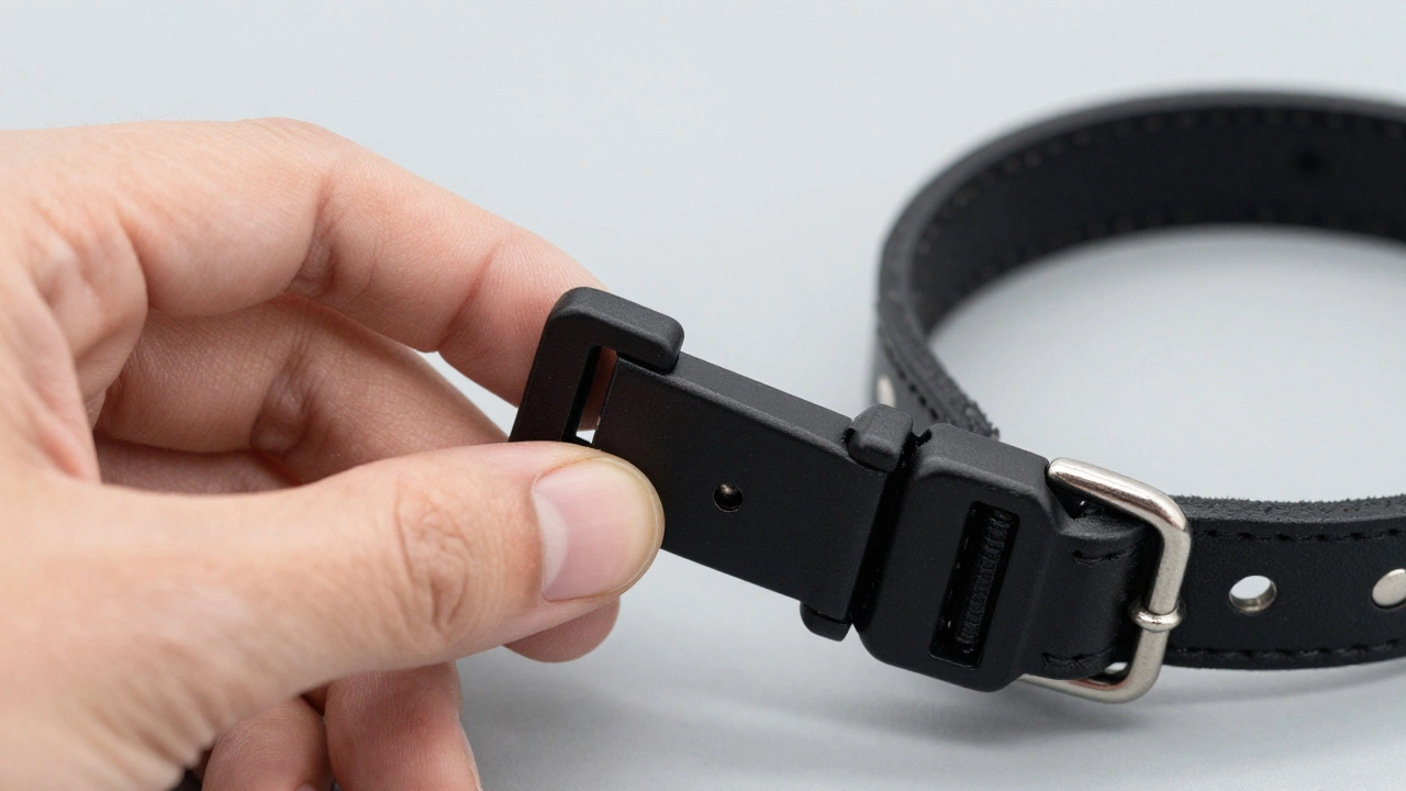 Hand testing the safety release mechanism of a breakaway cat collar