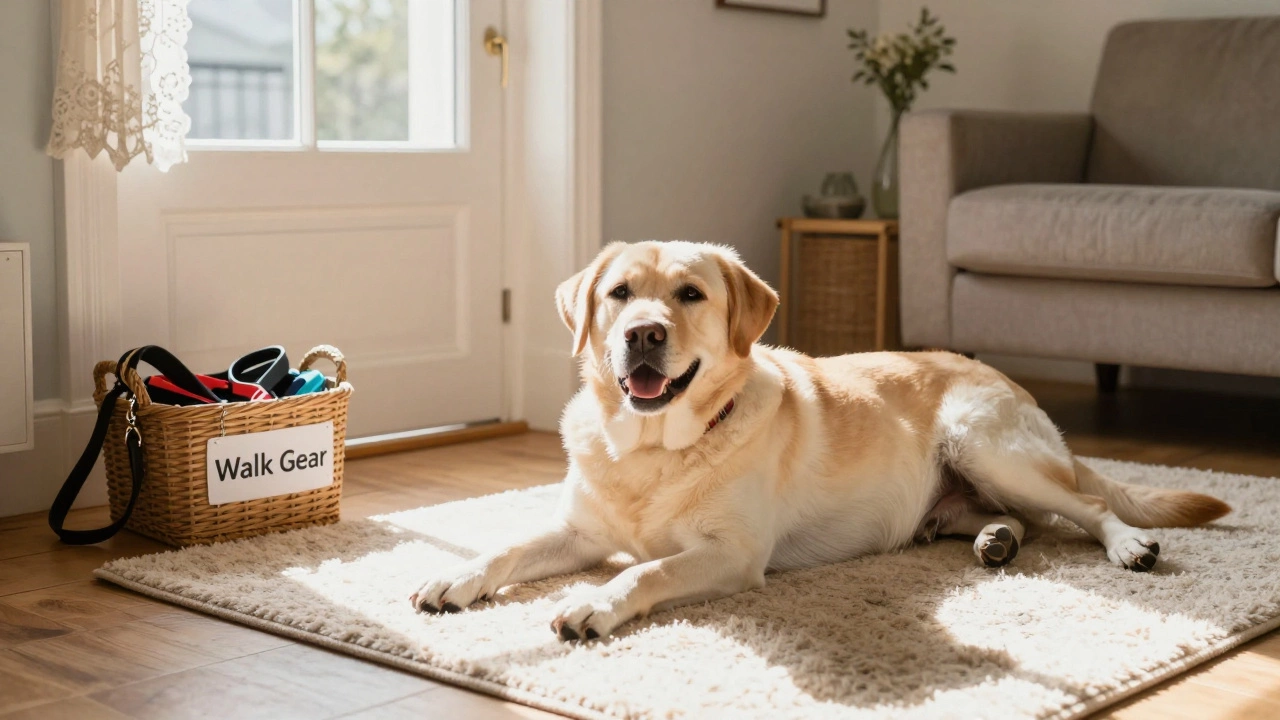 Happy collar-free dog relaxing at home near stored walk gear