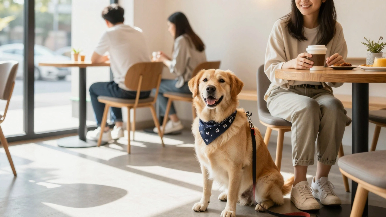 Happy dog on leash with owner inside a pet-friendly cafe