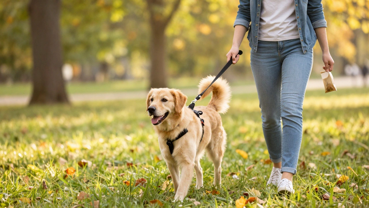 Happy dog walking calmly with owner using front-clip harness