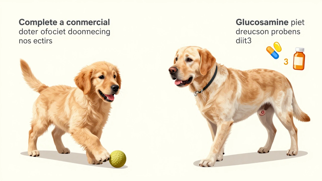 Healthy puppy vs senior dog with joint supplement icons
