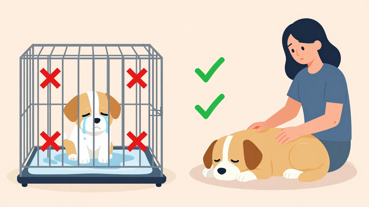 Illustration comparing ignoring vs reassuring a crying puppy