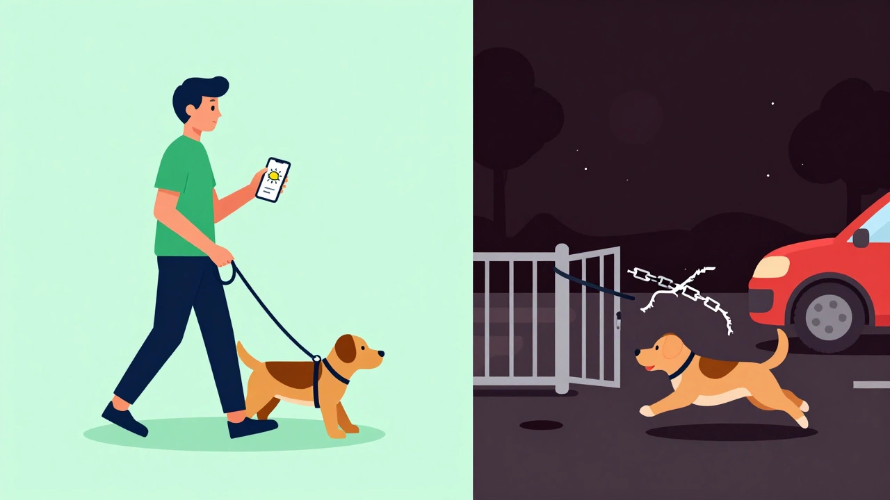 Illustration contrasting proper dog walking gear with broken leash and open gate
