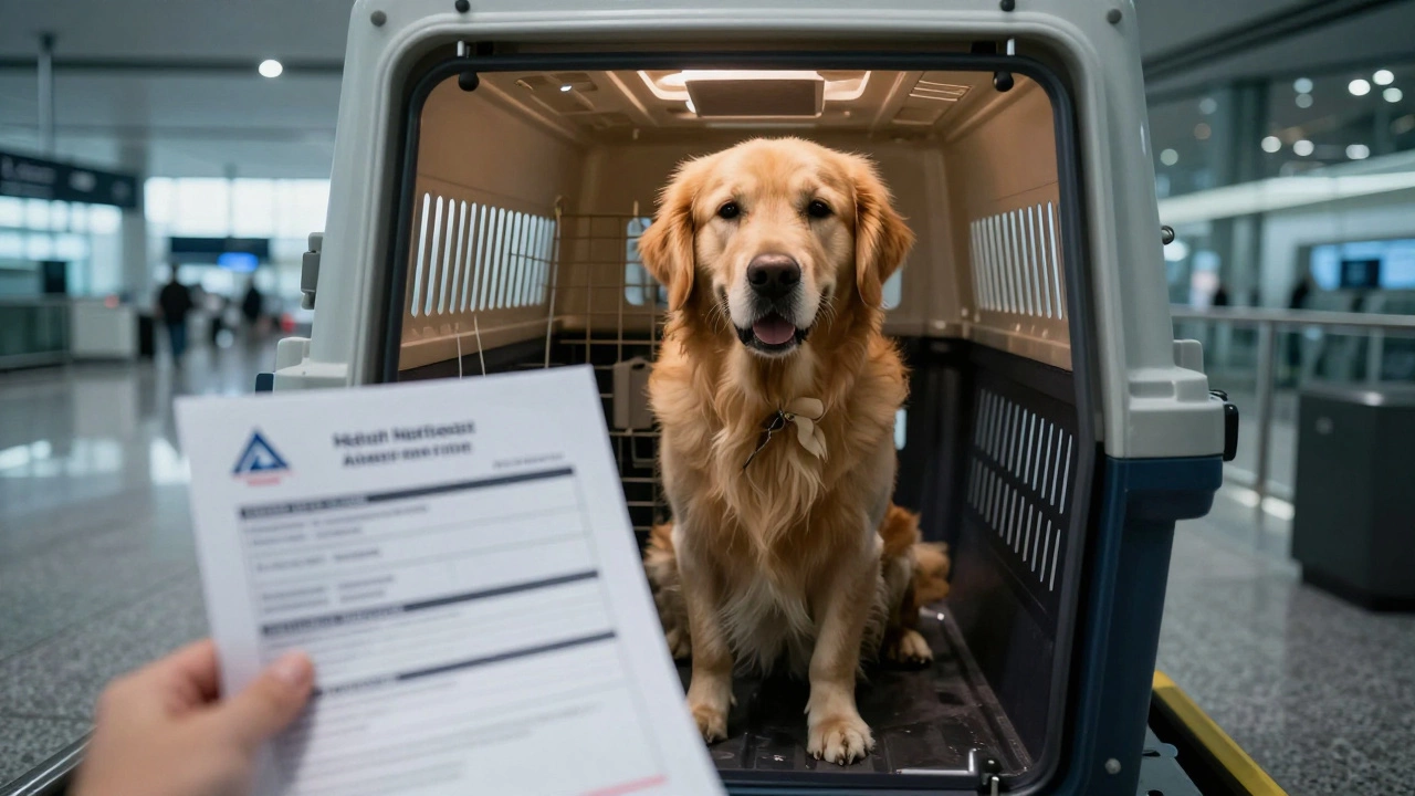 Large dog in cargo crate with health certificate