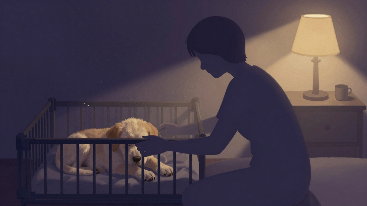 Owner placing sleepy puppy in crate at night