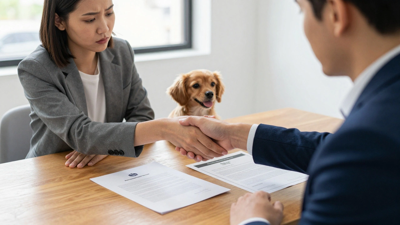 Pet owner and dog walker reviewing contract and insurance documents