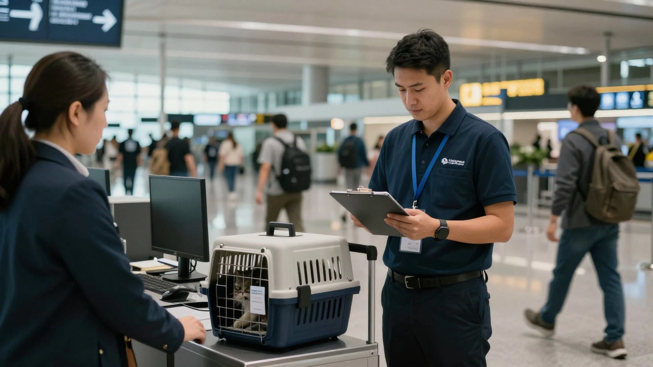 Professional verifying pet carrier at airport gate
